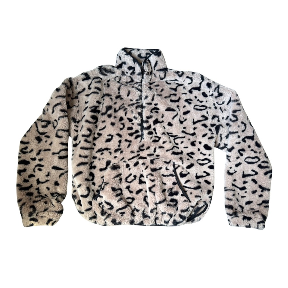 BKE Womens Leopard Print Faux Fur Quarter Zip Pullover Fleece Jacket Tan Black M